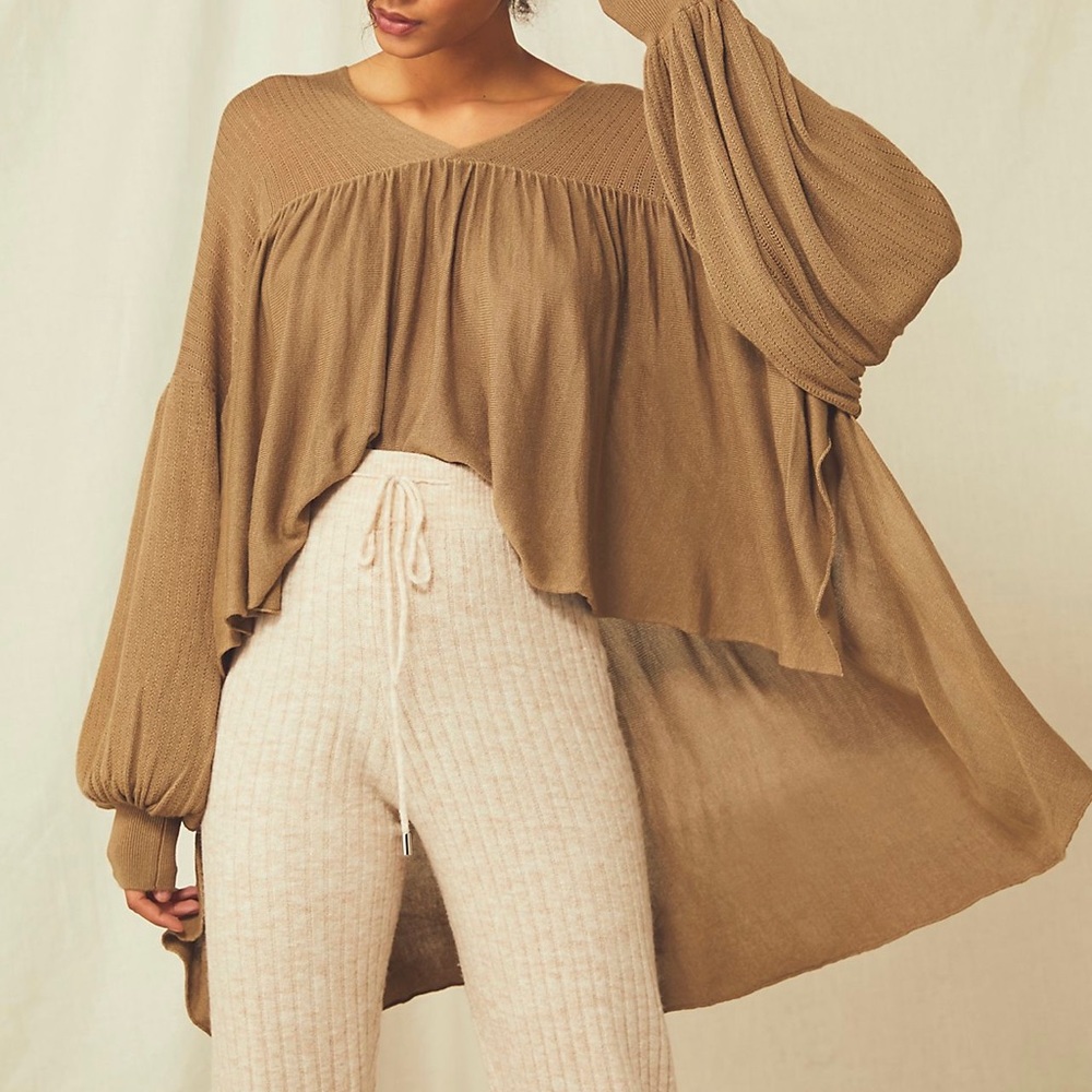 Free People Mykonos V Neck Sweater- Taupe